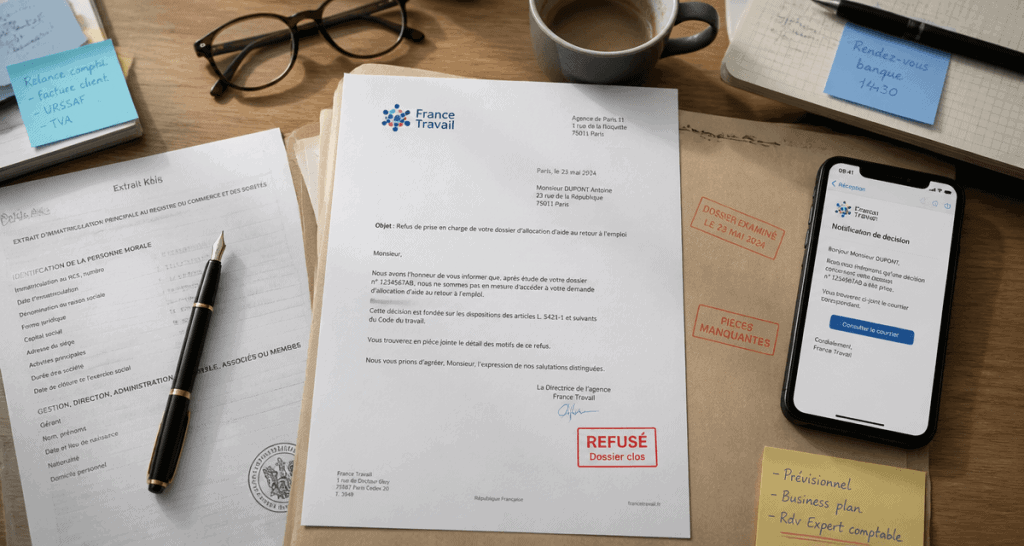 demande arce refusé lettre de refus France Travail sur bureau