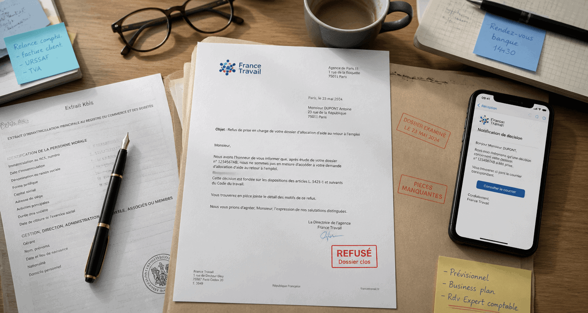 demande arce refusé lettre de refus France Travail sur bureau