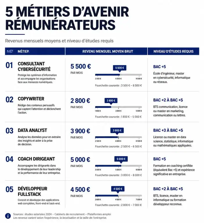 Infographie comparative des revenus et niveaux d'études pour les métiers en freelance les mieux rémunérés