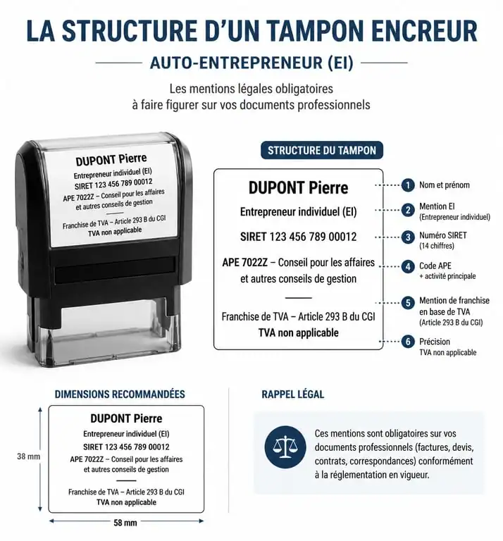 Infographie des mentions légales obligatoires sur un tampon pour auto-entrepreneur