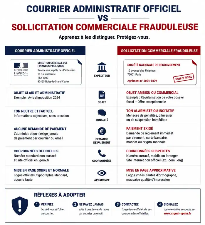 Infographie comparative entre courrier administratif officiel et arnaque identification légale pour entreprise