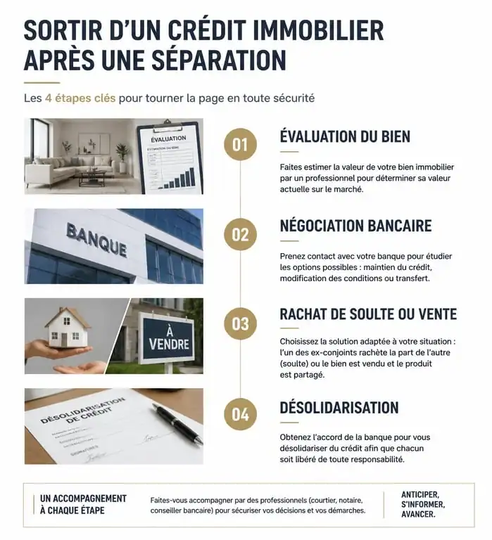 Infographie des étapes pour sortir d'un crédit immobilier après une séparation