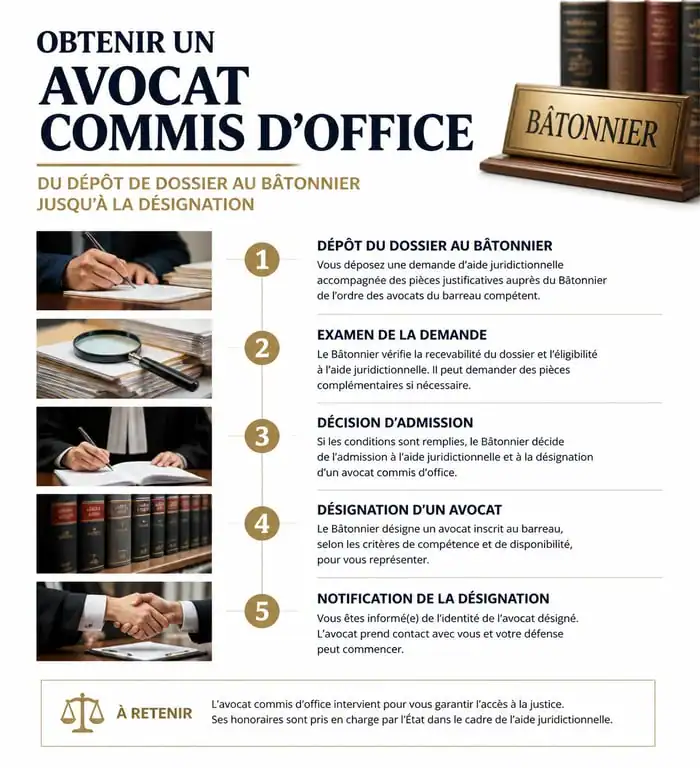 Procédure pour obtenir un avocat commis d'office étape par étape
