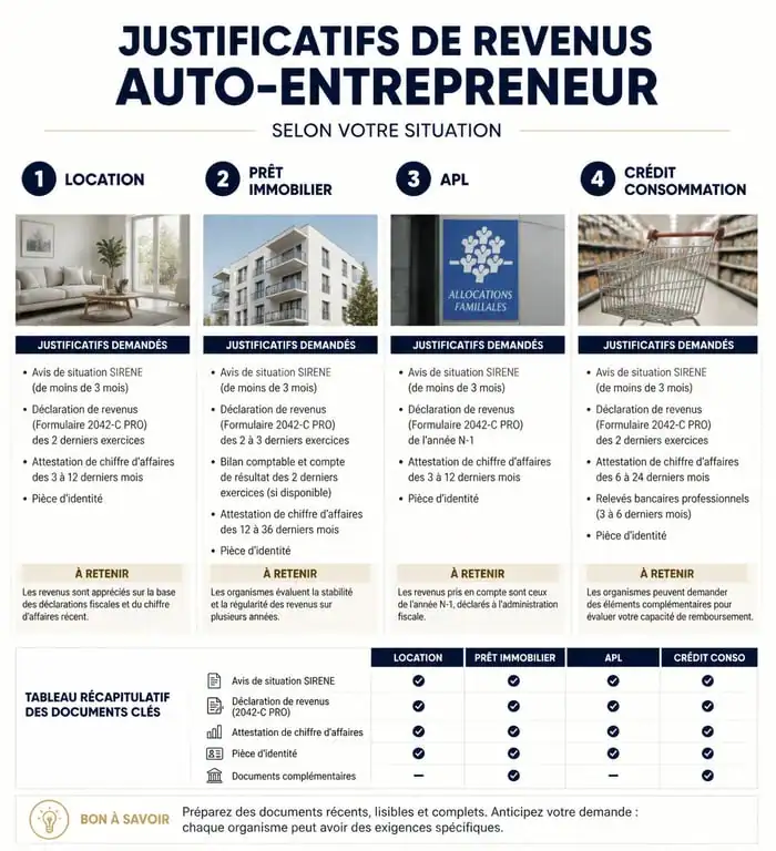 Tableau récapitulatif des justificatifs de revenus pour auto-entrepreneur