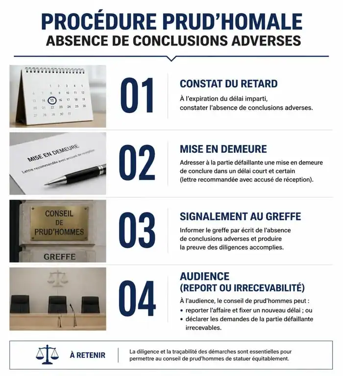Infographie des étapes à suivre en cas d'absence de conclusions de la partie adverse aux Prud'hommes