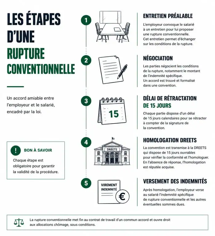 Infographie des étapes clés d'une rupture conventionnelle avec avocat