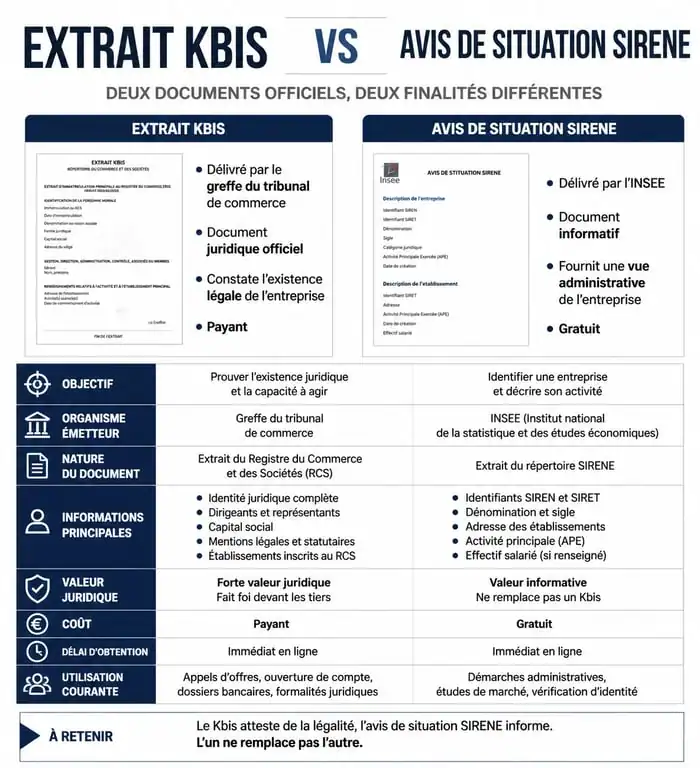 Infographie comparative entre l'extrait Kbis et l'avis de situation Sirene pour les entreprises