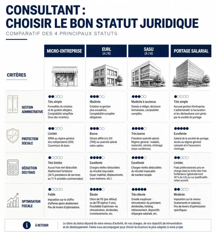 Comparatif des statuts juridiques pour consultant indépendant : micro-entreprise, EURL, SASU et portage salarial