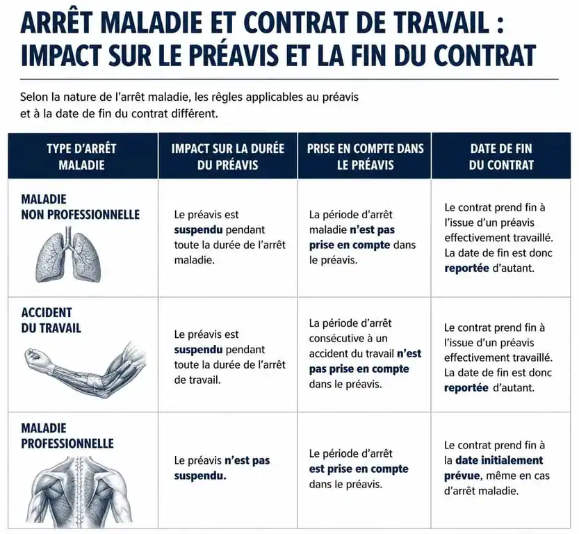 Tableau comparatif de l'impact de l'arrêt maladie sur le préavis et la fin de contrat