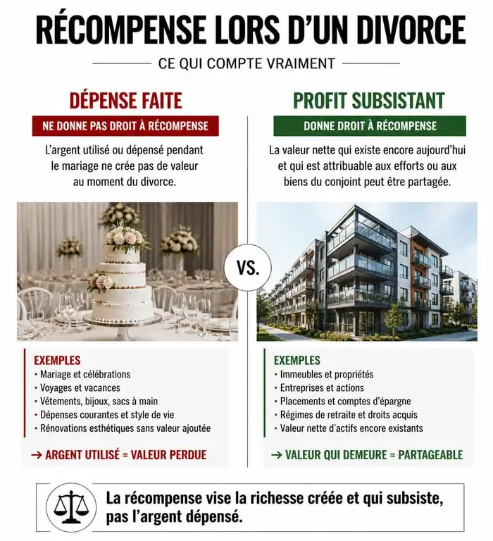 Schéma explicatif du calcul de récompense divorce : dépense faite vs profit subsistant