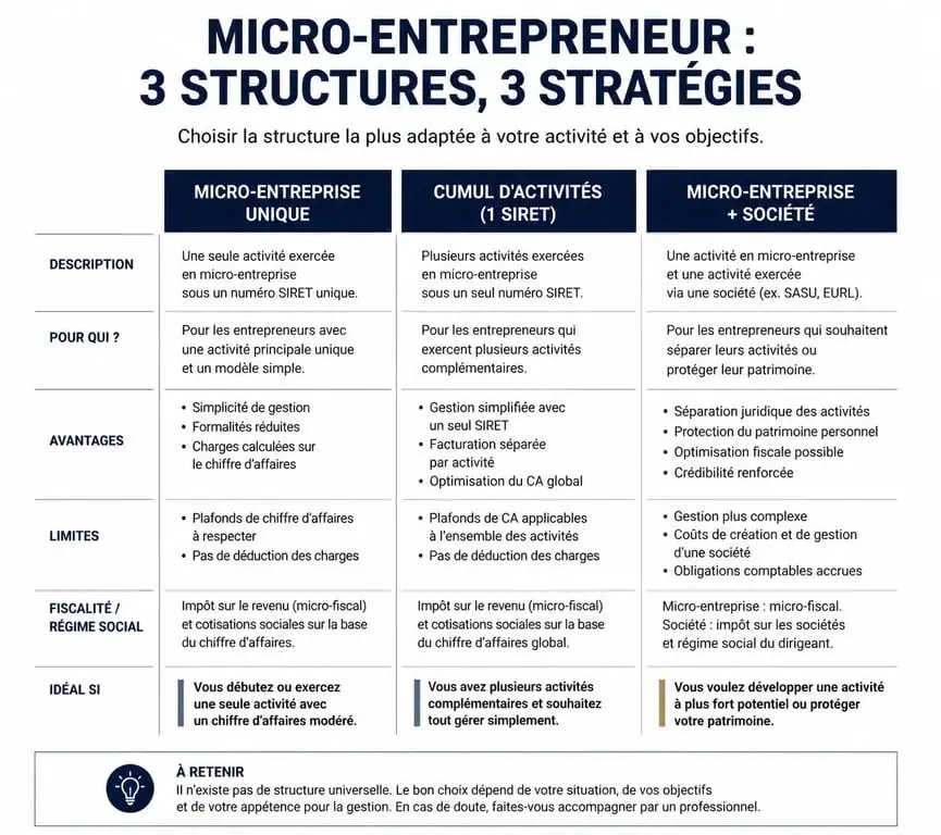 Comparatif des options pour exercer plusieurs activités : micro-entreprise, cumul d'activités ou création de société