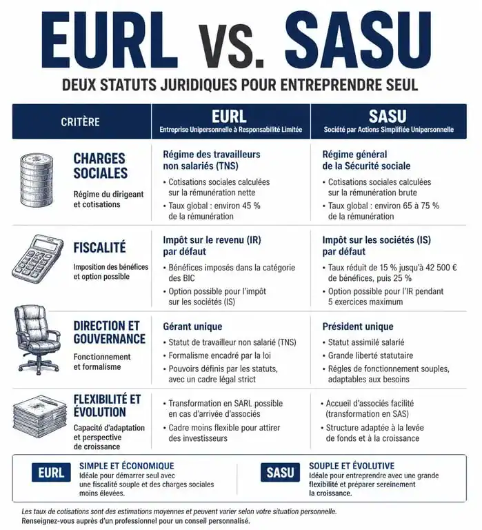 Infographie comparative entre le statut EURL et le statut SASU pour les entrepreneurs