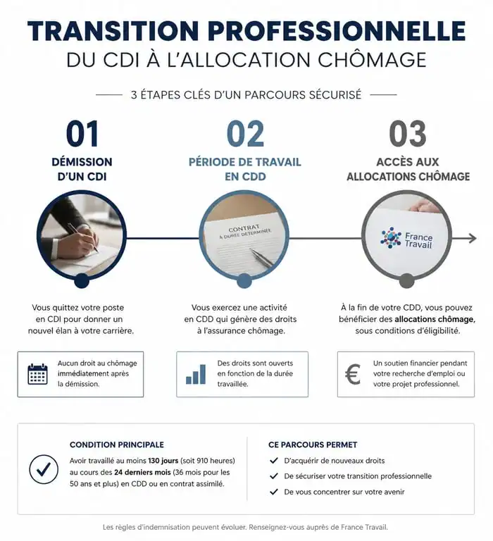 Schéma explicatif des conditions d'obtention du chômage après avoir quitté un CDI pour un CDD