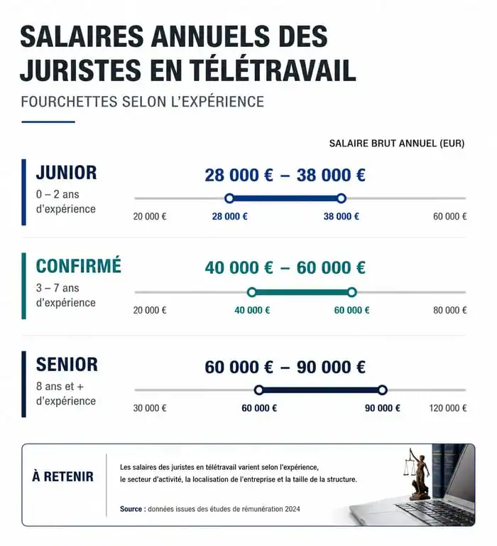 Infographie des salaires des juristes en télétravail selon l'expérience