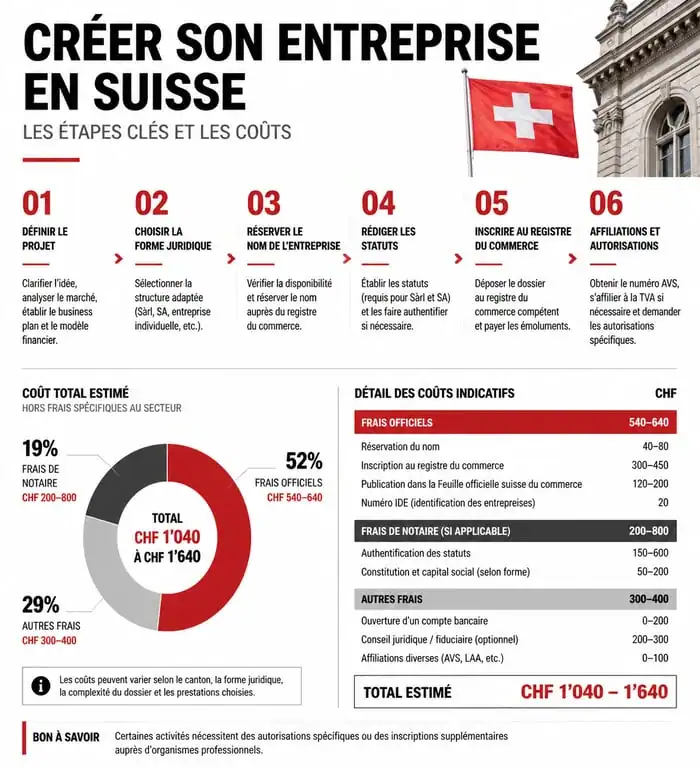 Infographie des étapes et coûts pour ouvrir une société en Suisse