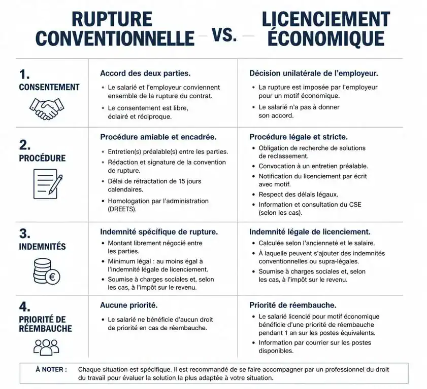 Infographie comparative entre la rupture conventionnelle et le licenciement économique : différences de procédure, indemnités et droits au chômage.