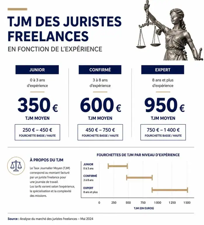 Infographie des tarifs TJM des juristes freelances par niveau d'expérience