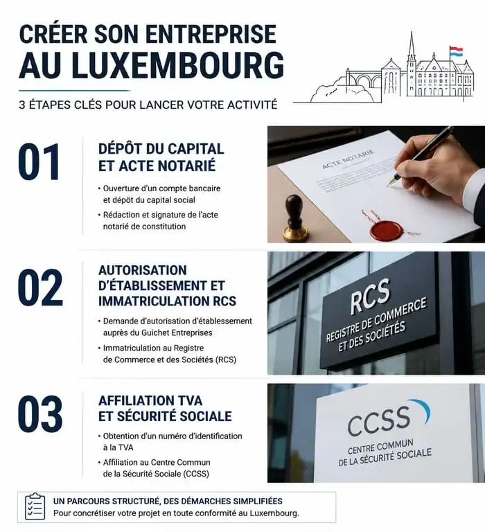 Infographie des étapes de création d'entreprise au Luxembourg