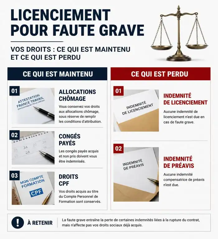 Infographie des droits et indemnités après un licenciement pour faute grave