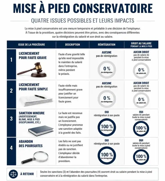 Infographie des issues possibles après une mise à pied conservatoire et droits à la réintégration