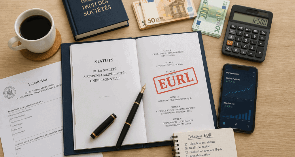 eurl statut dossier sur bureau avec calculatrice et kbis