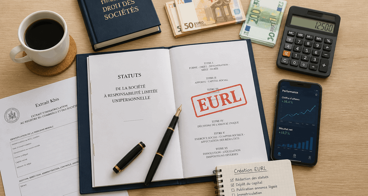 eurl statut dossier sur bureau avec calculatrice et kbis