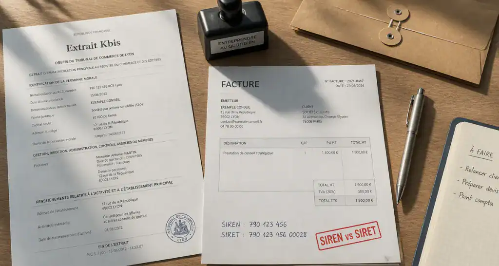 différence entre siren et siret sur bureau avec documents