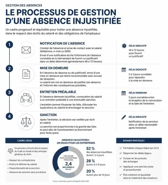 Processus de gestion d'une absence injustifiée au travail selon le Code du travail