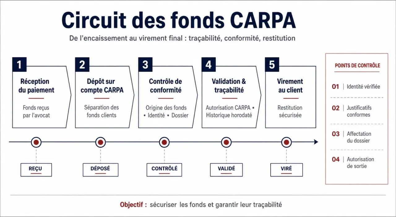 Infographie expliquant le circuit des fonds et les délais de règlement CARPA pour les clients d'avocats