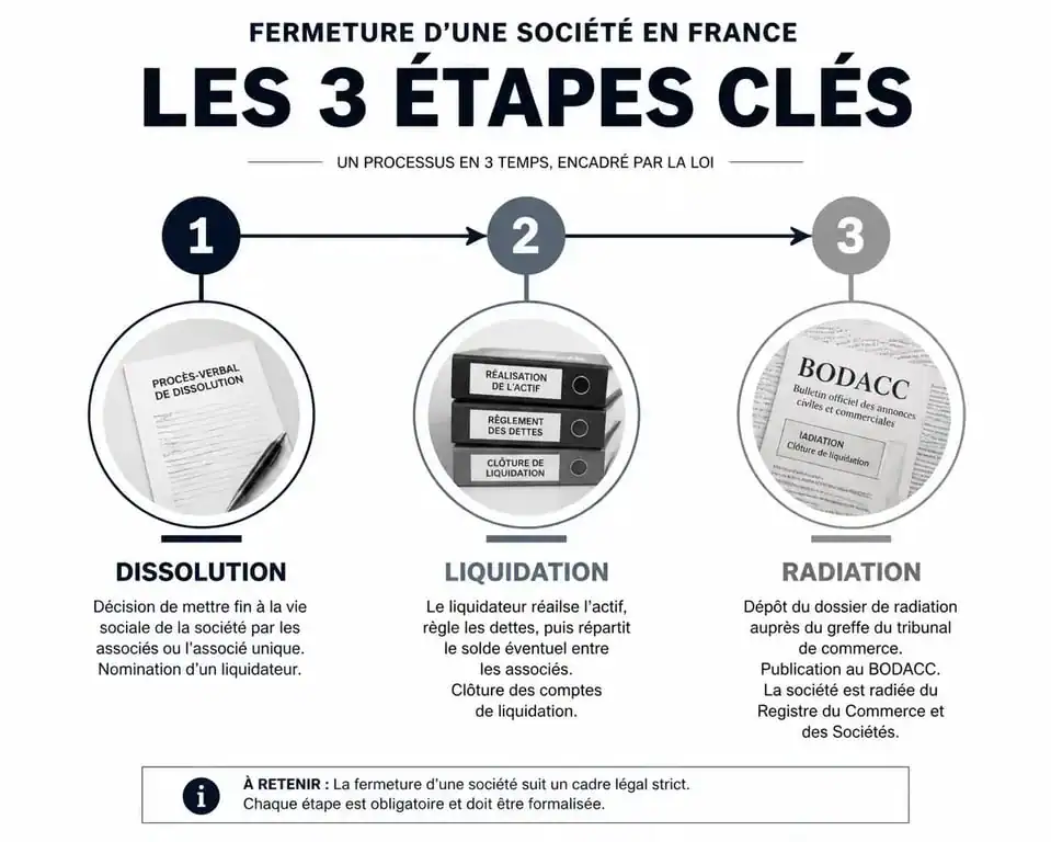 Étapes de la procédure pour fermer une société en France : dissolution, liquidation et radiation