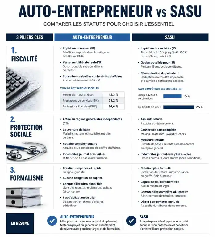 Comparatif auto-entrepreneur ou SASU : différences fiscales et sociales pour choisir son statut juridique.