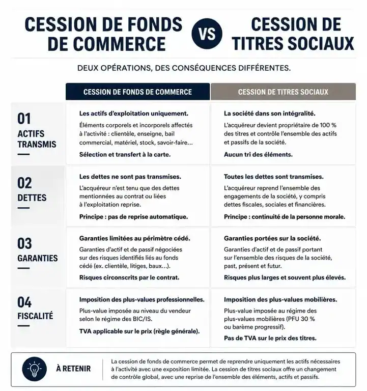 Comparatif cession de fonds de commerce et titres sociaux pour vendre son entreprise