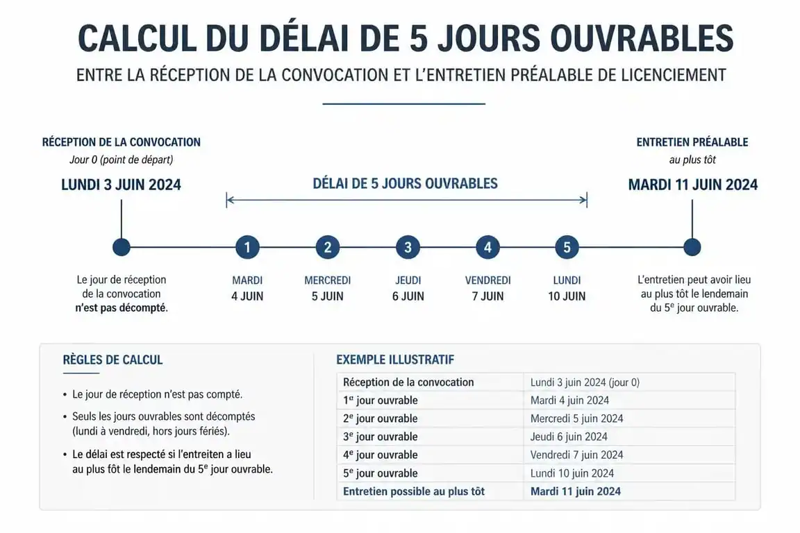 Infographie illustrant le calcul du délai de 5 jours ouvrables entre la convocation et l'entretien préalable de licenciement
