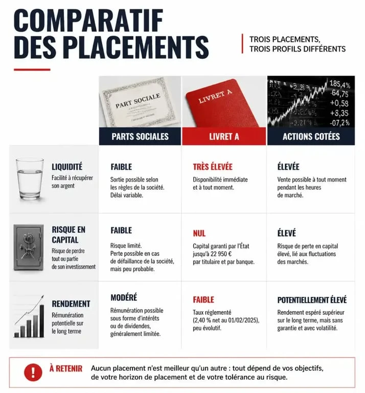 Comparatif des placements : parts sociales Crédit Agricole, Livret A et actions