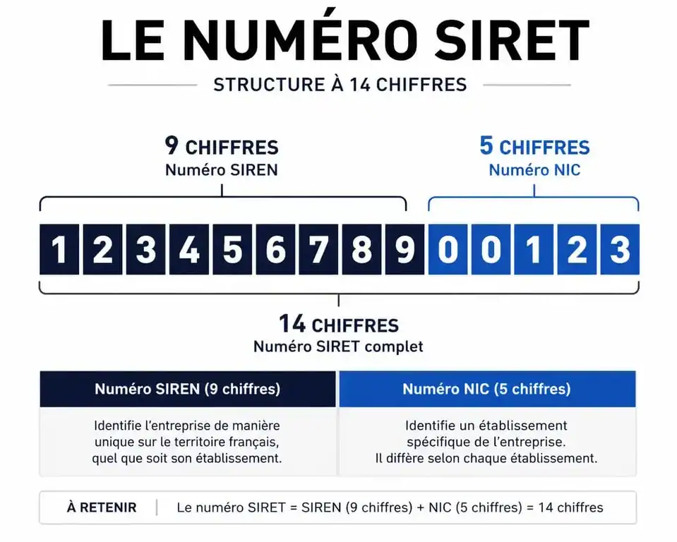 Schéma explicatif de la composition d'un numéro SIRET de 14 chiffres pour retrouver son SIRET facilement.