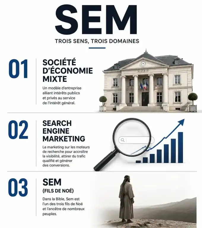 Infographie résumant les trois définitions de SEM : économie, marketing digital et figure biblique