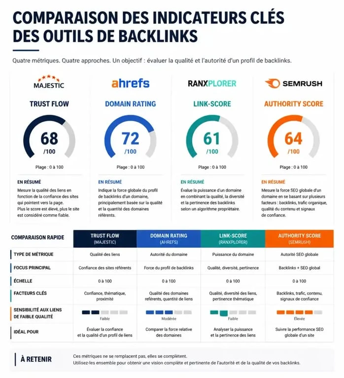Infographie comparative des indicateurs clés des meilleurs outils backlinks SEO