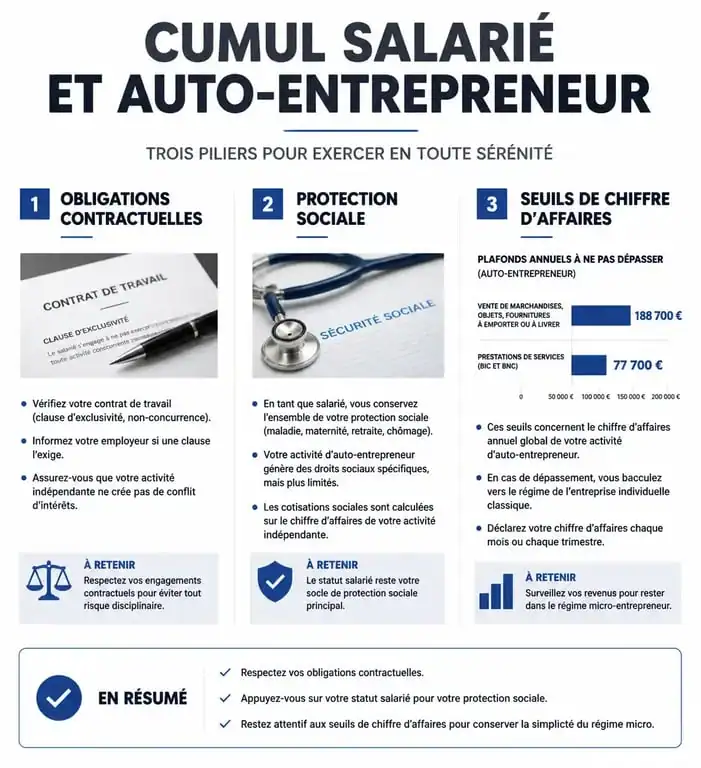 Infographie résumant les règles du cumul salarié et auto-entrepreneur