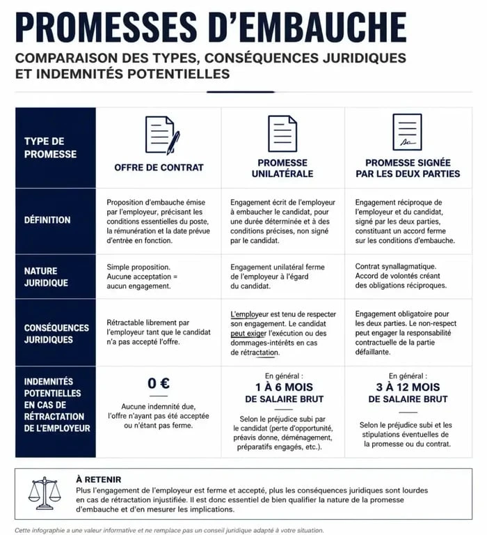 Tableau comparatif des recours en cas de promesse d'embauche non tenue