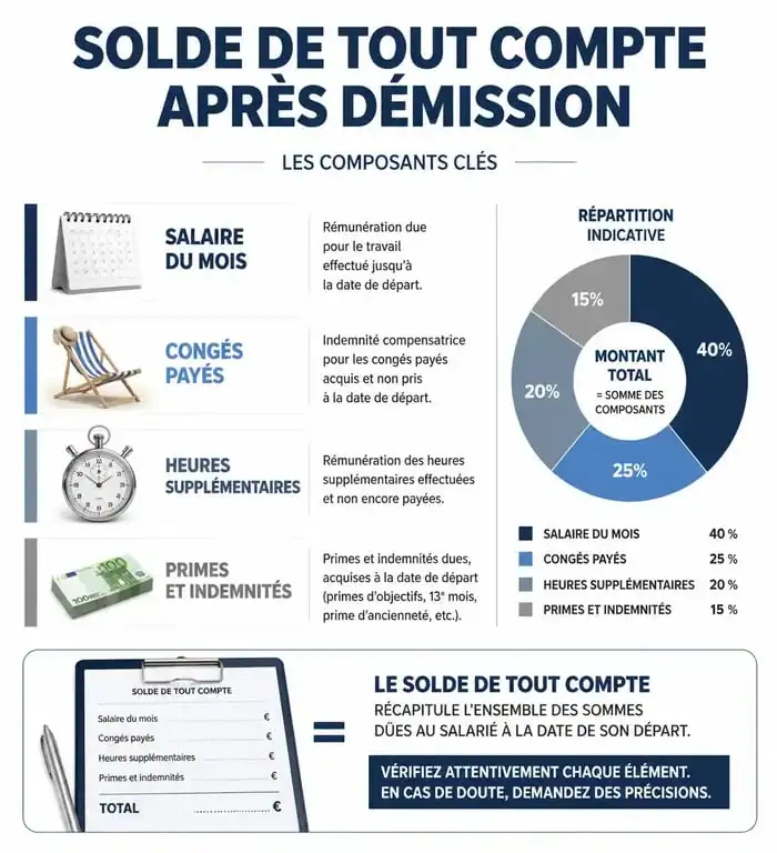 Infographie explicative des éléments composant le solde de tout compte lors d'une démission