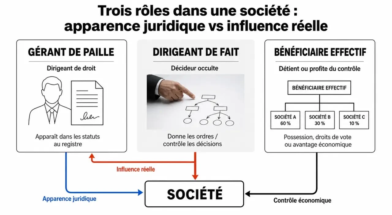 Schéma explicatif des rôles : gérant de paille, dirigeant de fait et bénéficiaire effectif dans une entreprise.