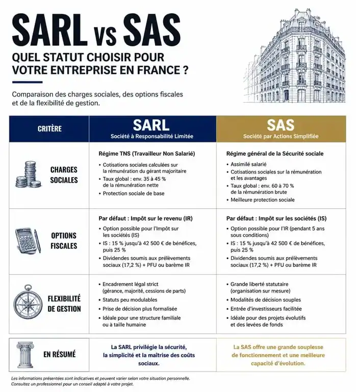 Infographie comparative des avantages de la SARL par rapport à la SAS pour les entrepreneurs