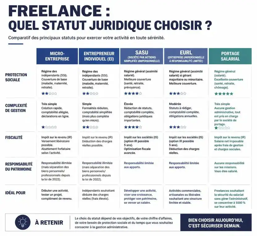 Tableau comparatif des statuts juridiques pour freelance : quel statut pour un freelance choisir ?
