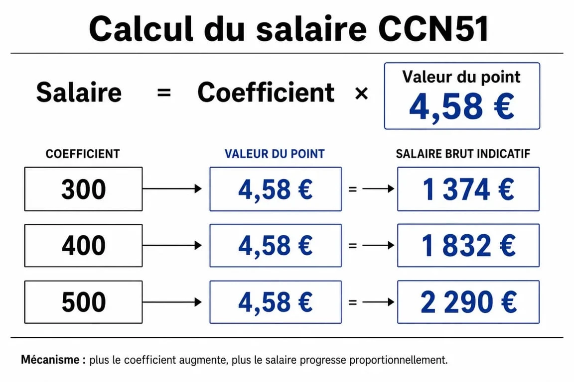 Infographie expliquant le calcul du salaire brut CCN51 avec la valeur du point FEHAP 2025