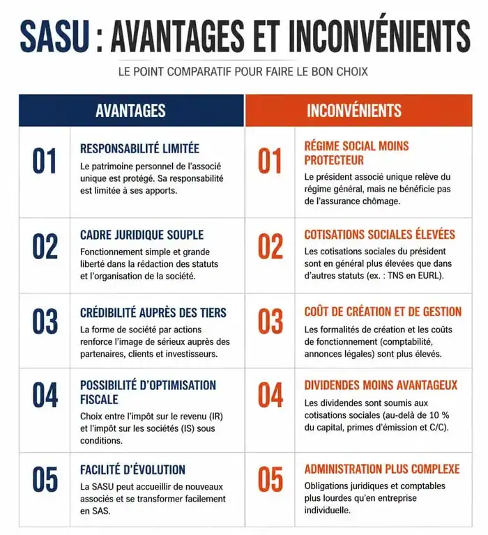 Infographie comparative des avantages et inconvénients de la SASU pour les entrepreneurs