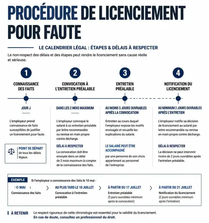 Infographie du calendrier légal de la procédure de licenciement pour faute