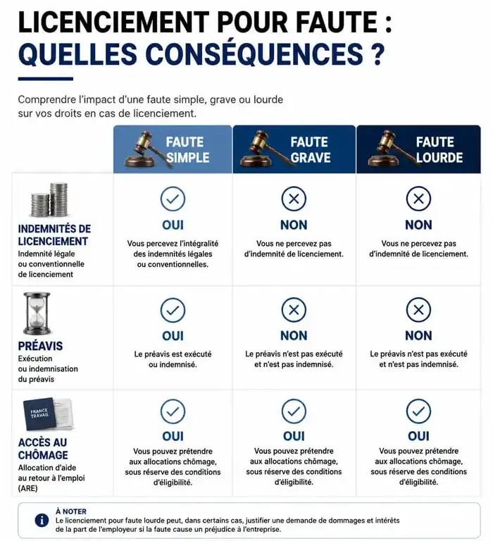 Tableau comparatif des conséquences d'un licenciement pour faute simple, grave ou lourde sur les droits au chômage