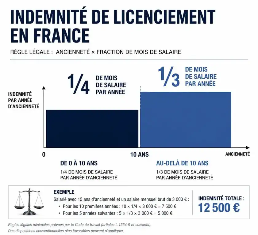 Infographie du calcul de l'indemnité légale de licenciement économique en France