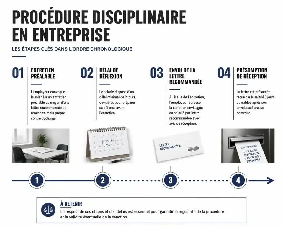Infographie sur la procédure disciplinaire et la notification par lettre recommandée non retirée