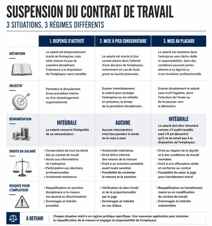 Infographie comparative des statuts de dispense d'activité et mise à pied en droit du travail